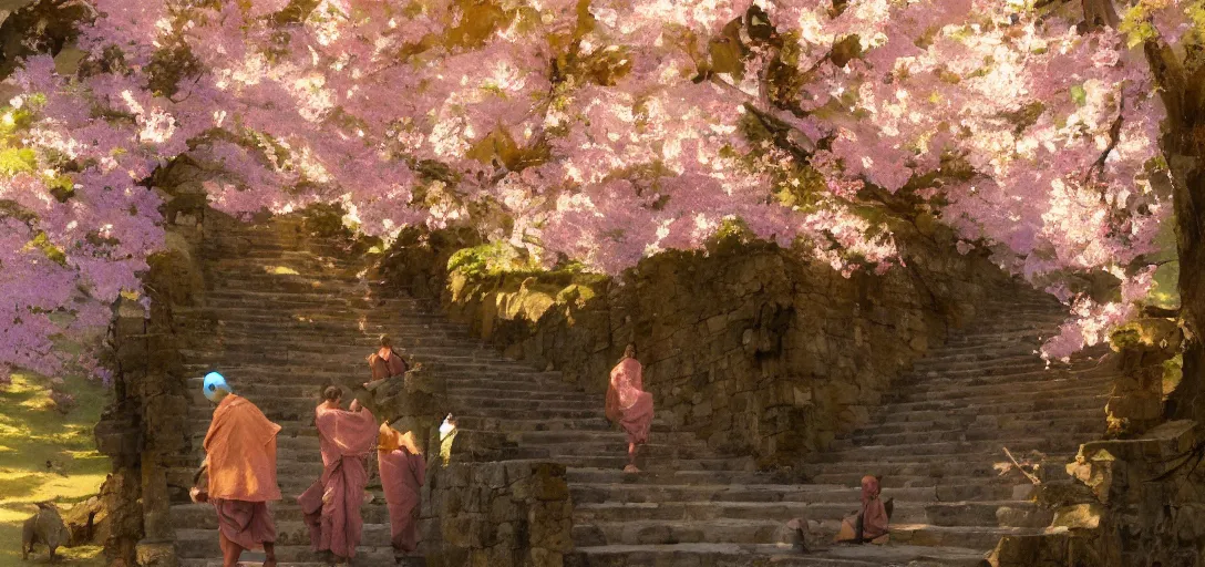 Prompt: A monk walks up stairs lined with cherry blossom trees and jacaranda trees, golden hour, by Craig Mullins, arstation, concept art