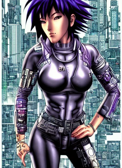 Image similar to motoko kusanagi in grungy cyberpunk megacity, intricate and finely detailed, cyberpunk vaporwave, portrait by j scott campbell