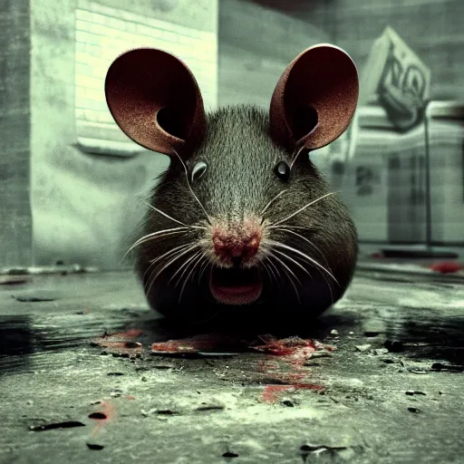 Prompt: a rat with donald trump face, filthy, sewer, garbage, worms, ugly, smooggy, dirty, grotesque, apocalyptic, cinematic, volumetric illumination, octane render, 8 k,