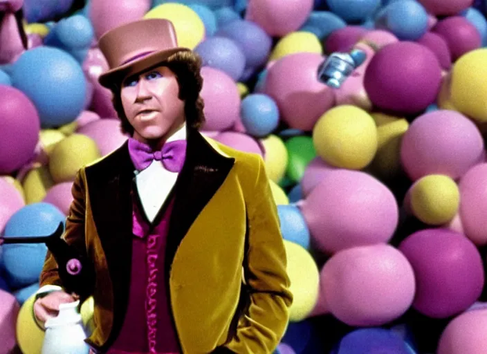 Image similar to film still of Will Ferrell as Willy Wonka in Willy Wonka and the Chocolate Factory 1971