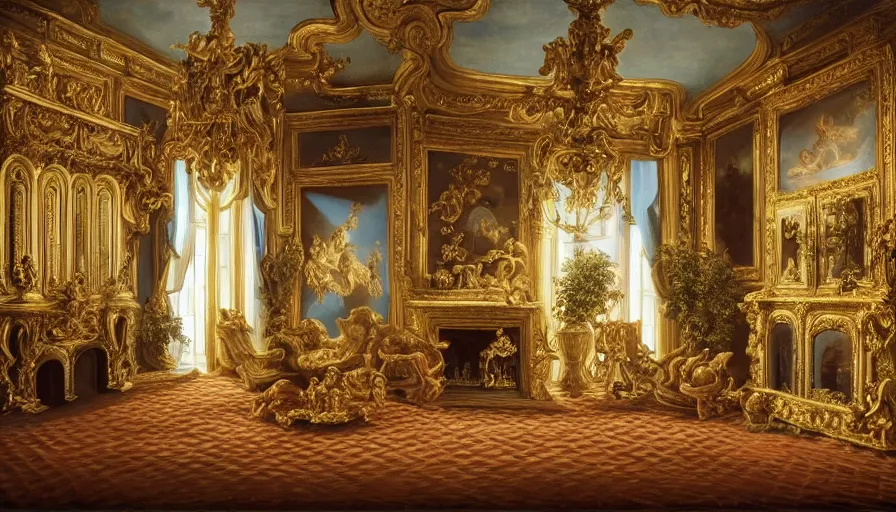 Image similar to photo of rococo interior, hyperrealism, extreme detail, intricate, elegant, highly detailed, sharp focus