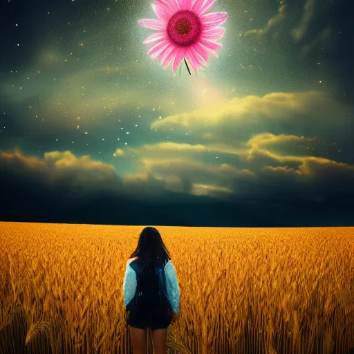 Prompt: giant pink daisy flower over head, girl walking in wheat field, hills, surreal photography, dark night, star trails, dramatic light, impressionist painting, clouds, digital painting, artstation, simon stalenhag