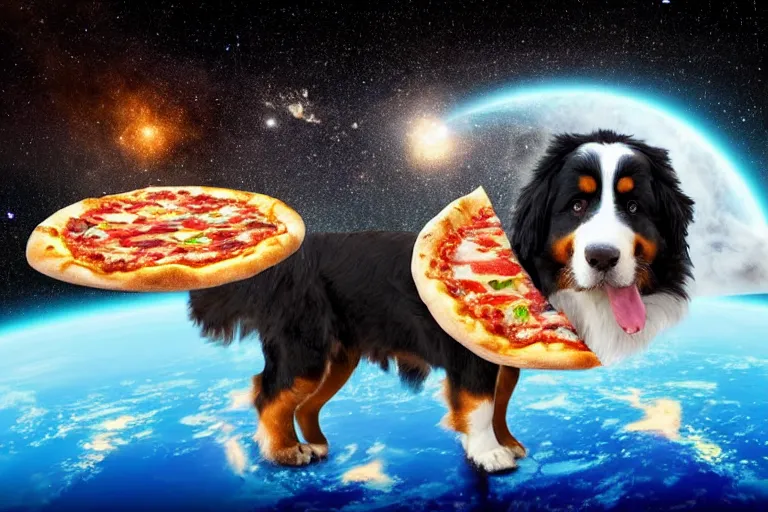 Image similar to a bernese mountain dog standing on a pizza in outer space. the dog is eating a piece of pizza. pizza slices flying with angel wings in background, dark cyan galaxy and stars in background, 4 k photoshopped image, look at that detail