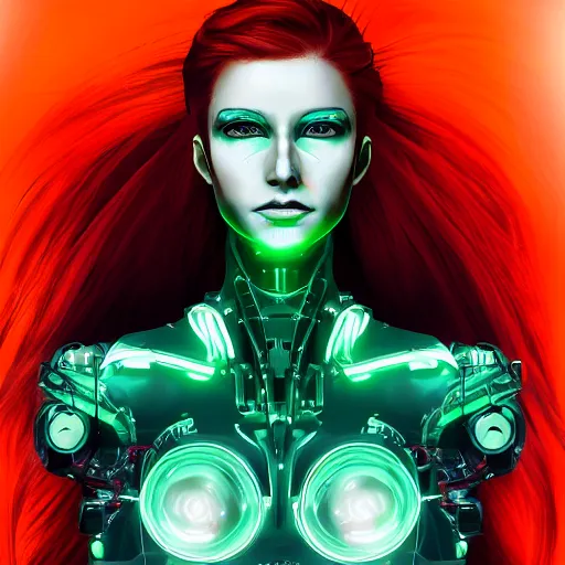 Image similar to a portrait of a beautiful cyborg girl, red hair, glowing green eyes,