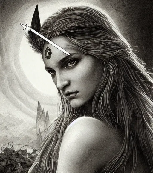 Image similar to beautiful aphrodite goddess wearing an arrow on her head, realistic face, beautiful eyes, black and white drawing, in the style of greg rutkowski, fantasy, amazing detail, epic, intricate, elegant, smooth, sharp focus