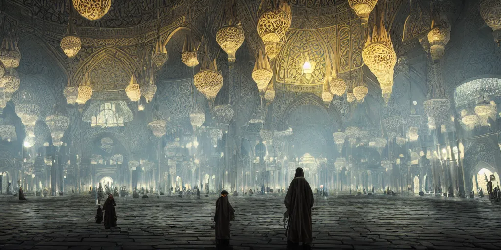 Prompt: Photorealistic mosque in dark giant glowing mushroom underworld, with great domes and arches, people and androids wearing traditional japanese clothing. photorealism, UHD, amazing depth, golden ratio, 3D octane cycle unreal engine 5, volumetric lighting, cinematic lighting, artstation,cgstation, concept art