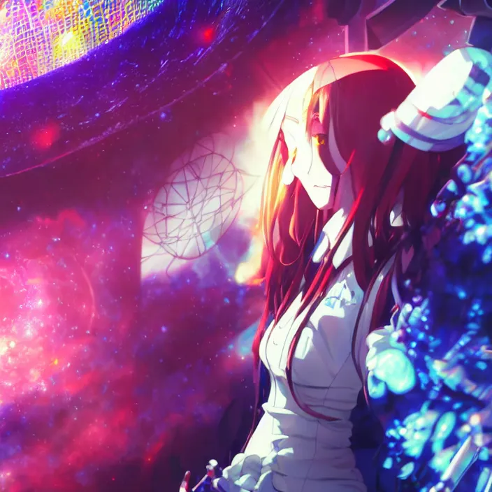 Image similar to close up of Albedo from overlord, close up of mamimi samejima from flcl, psychedelic background, epcot, inside a space station, eye of providence, female anime character, Ruan Jia, giygas