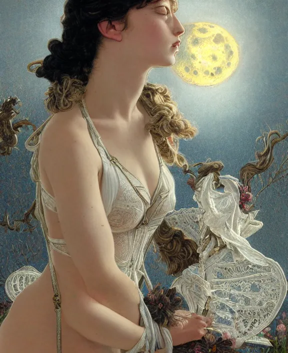 Prompt: the moon goddess, intricate and detailed lace set, suspenders, honey birdette, realistic renaissance portrait, highly detailed, digital painting, artstation, concept art, smooth, sharp focus, cinematic lighting, art by john collier, artgerm and greg rutkowski and alphonse mucha and jacques louis david and john william godward