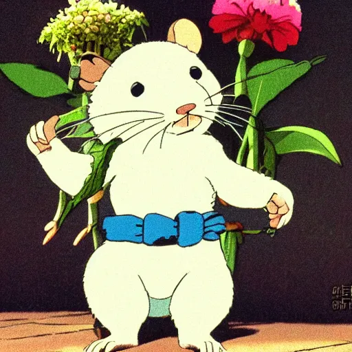 Image similar to white rat holding a flower cinematic composition, studio ghibli, cute