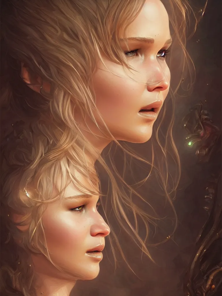 Image similar to Jennifer Lawrence, closeup, D&D, fantasy, intricate, elegant, highly detailed, digital painting, artstation, concept art, matte, sharp focus, illustration, hearthstone, art by Artgerm and Greg Rutkowski and Alphonse Mucha