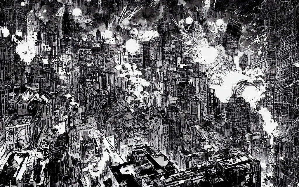 Prompt: massive thermonuclear explosion in city, in the style of james jean and laurie greasley, dynamic composition, dramatic lighting, ultra detailed