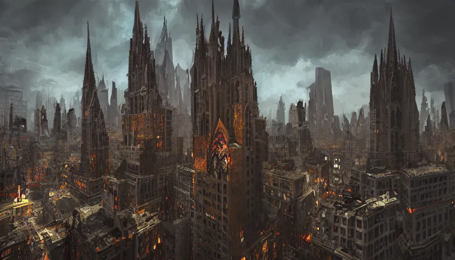 Image similar to Digital painting of destroyed Neo-Gothic New York City, wide angle, volumetric light, artistic, hyperdetailed, artstation, cgsociety, 8k