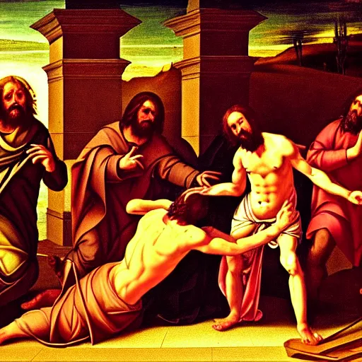 Image similar to Jesus beating Satan on the floor, horror, renaissance painting, digital art