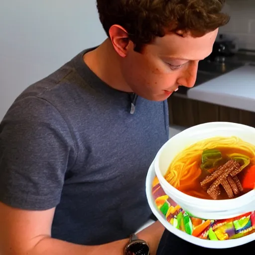 Image similar to mark zuckerberg eating gummy worm ramen