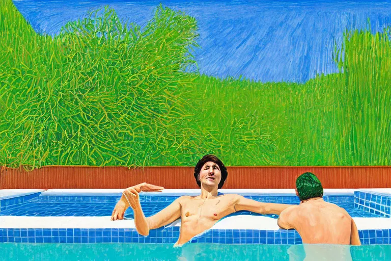 Prompt: justin trudeau sunbathing in a swimming pool in a house in california, summer blue sky, shimmering water, lush trees and bushes garden lawn, by david hockney, peter doig, lucien freud, francis bacon, pop realism, oil on canvas