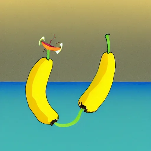 Image similar to a banana fighting an apple in the deep sea