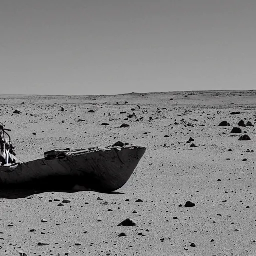 Prompt: abandoned on mars, stranded ship, dream like atmosphere, melancholy