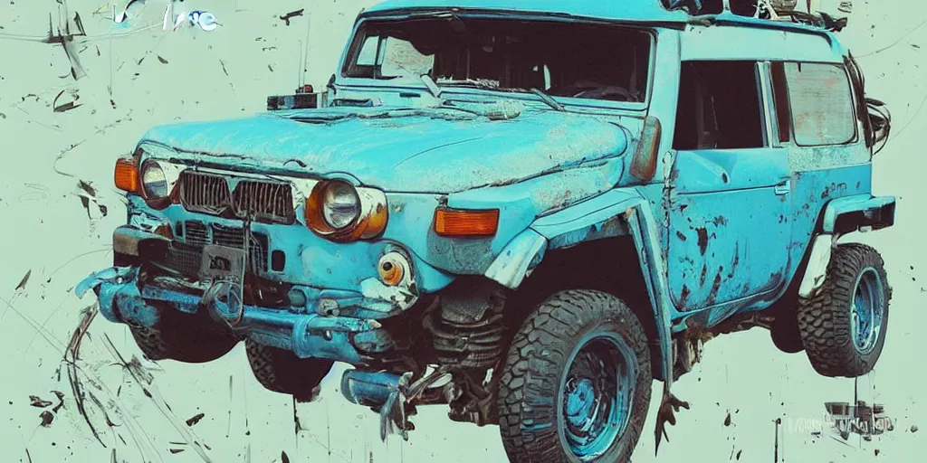 Image similar to digital illustration of a futuristic faded cyan mad max's fj 4 0 decrepit!!!! pursuit special, rusty!!! cyberpunk nissan fj cruiser heavily modded 1 9 9 0 s, the last v 8 interceptor by makoto shinkai, ilya kuvshinov, lois van baarle, rossdraws, basquiat