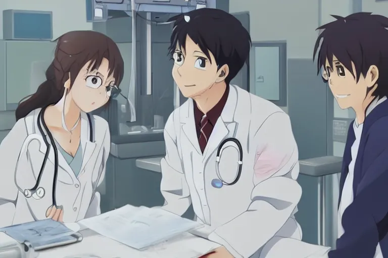 Prompt: a cute young female doctor wearing white coat are talking with an old surgeon in a hospital, slice of life anime, lighting, anime scenery by makoto shinkai