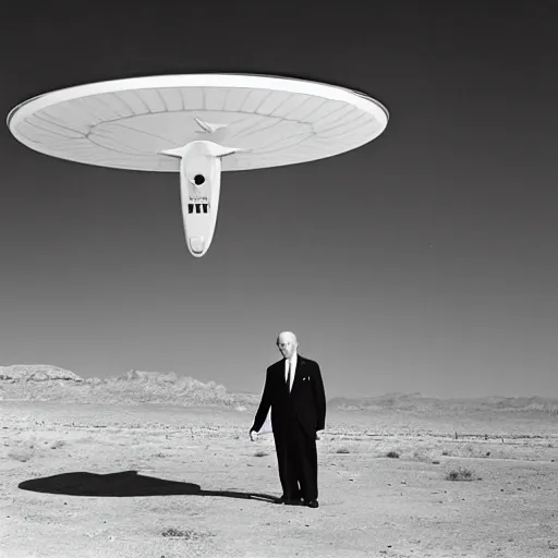 Image similar to president eisenhower aboarding a ufo in the desert, black and white photo