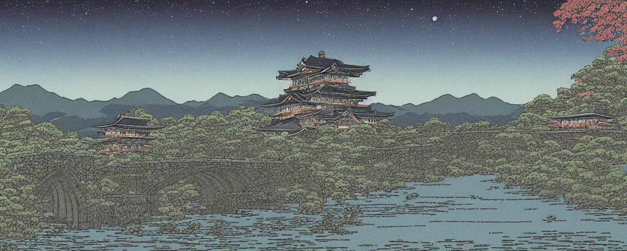 Image similar to landscape artwork of multiple large interconnected castles,moat,bridge,mountains,digital art,night sky,by Kawase Hasui masterpiece,high quality,pretty,fantasy,impossible