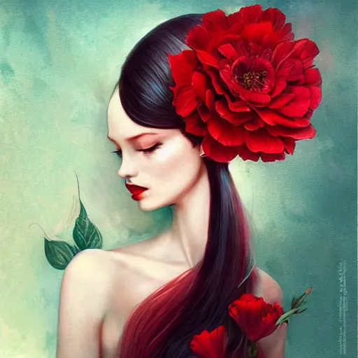 Prompt: a woman holding a red flower by anna dittmann