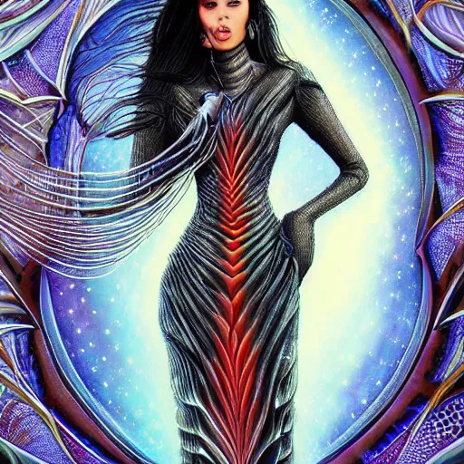 Image similar to a beautiful arabian woman wearing a futuristic dress by alexander mcqueen, artgerm, alex gray, android jones, fashion show, futuristic, organic dress, seamless pattern, concept art, fantasy