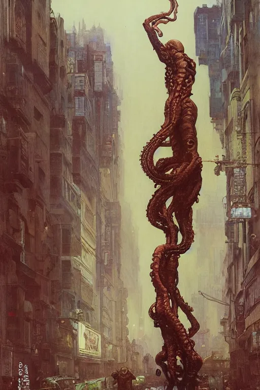 Prompt: huge towering bipedal martian with bulbous torso and tentacles instead of arms walks down city street, people flee, painted by ruan jia, raymond swanland, lawrence alma tadema, zdzislaw beksinski, norman rockwell, jack kirby, tom lovell, alex malveda, greg staples