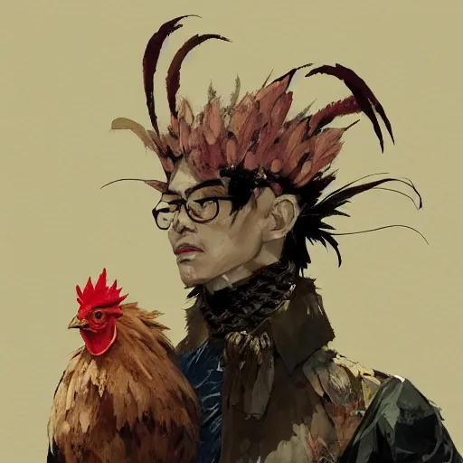 Prompt: scary portrait of an asian man dressed as a chicken, the chicken man, man dressed as a chicken, highly detailed painting by dustin nguyen, akihiko yoshida, greg tocchini, greg rutkowski, cliff chiang, 4 k resolution, trending on artstation, 8 k, man dressed as a chicken