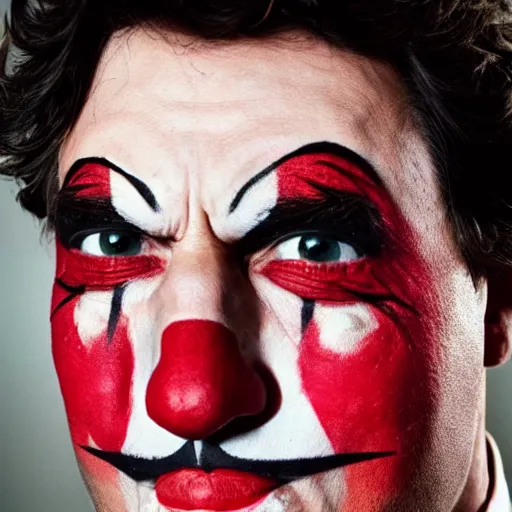 Image similar to UHD candid photo of Justin Trudeau dressed as a henchman, wearing accurate clown makeup, accurate face, UHD, photorealistic, correct face, photo by Annie Leibowitz