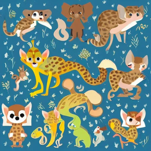 Image similar to Super cute animal combination of Margay, Gecko, Tarsier, Sugar glider, Sand cat, Bee hummingbird, Pygmy hippopotamus , Leafy sea dragon, Elephant Shrew, Klipspringer, Fennec Fox, Tawny frogmouth, Quetzal and Star-nosed mole