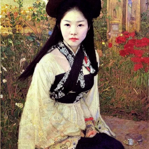 Image similar to portrait of asian beautiful woman masterpiece painting by vasnetsov and surikov, JEAN-VICTOR BERTIN, by Terence Cuneo, detailed, t artfully traced