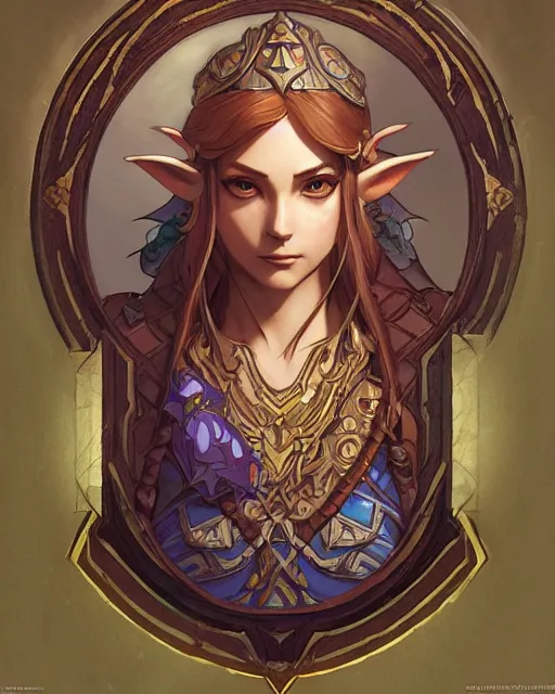 Image similar to legend of Zelda art nouveau, D&D, fantasy, intricate, elegant, highly detailed, digital painting, artstation, concept art, matte, sharp focus, illustration, hearthstone, art by Artgerm and Greg Rutkowski and Alphonse Mucha