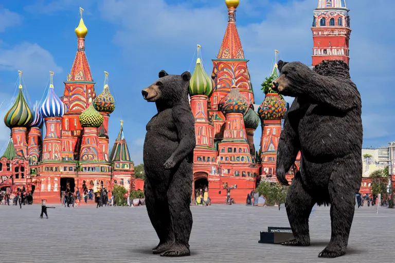 Prompt: a gigantic statue of bear holding a bottle of vodka in the middle of the red square, symmetry, awesome exposition, very detailed, highly accurate, 8 k, professional lighting diffracted lightrays, sense of awe