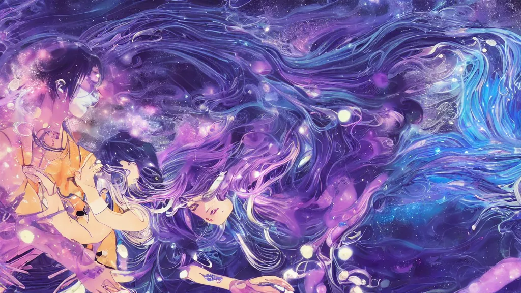 Image similar to detailed and realistic illustration of two presons dancing together, around them a swirl of colors and spirits of fantastic animals surrounding them in a glow, dark blue and intense purple color palette, art by kuvshinov ilya and kojima ayami and amano yoshitaka, 4 k