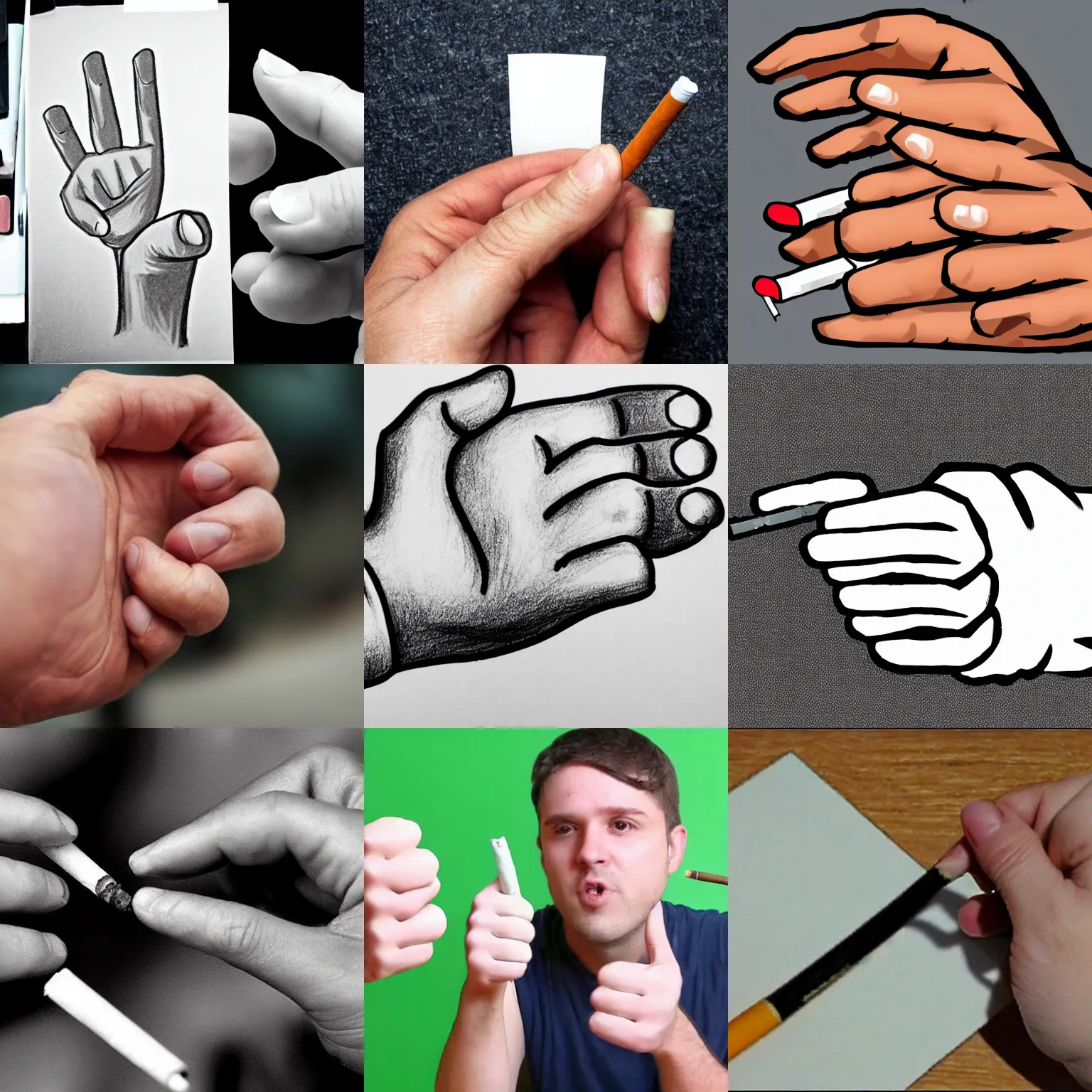 Prompt: how to draw five thumbs hand with cigarette?