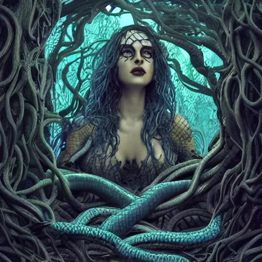 Prompt: dark queen of snakes, crown of snakes, blue skin, realism, dark fantasy, surrounded by thorned vines, octane render, artstation