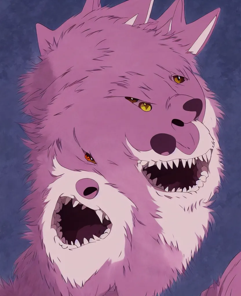 Prompt: beautiful painting from the anime film by studio ghibli, pink anthropomorphic werewolf human hybrid, drooling teeth bared, fur, trending on artstation,