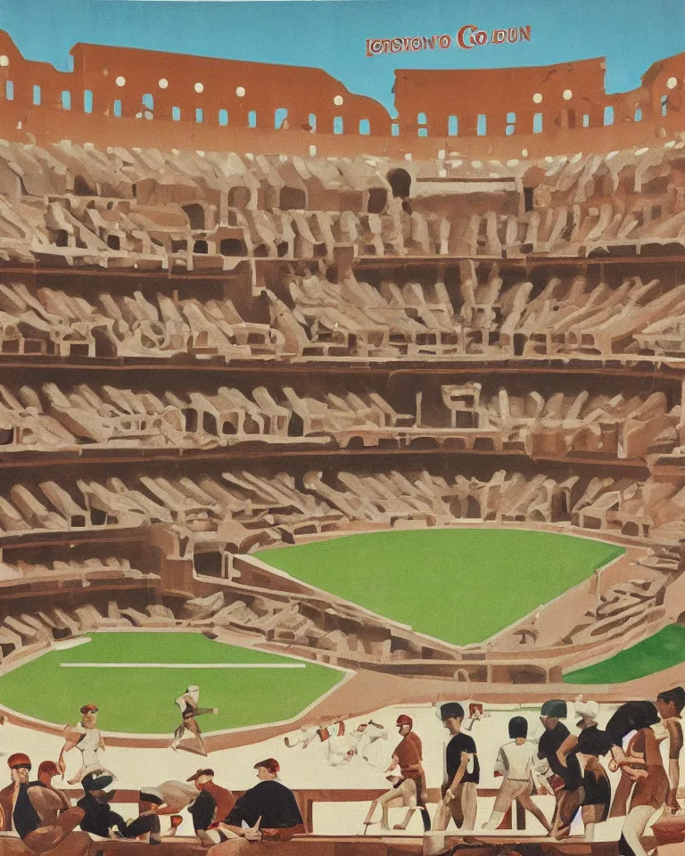 Image similar to art deco era poster for baseball in the Colosseum by Ed Ruscha.