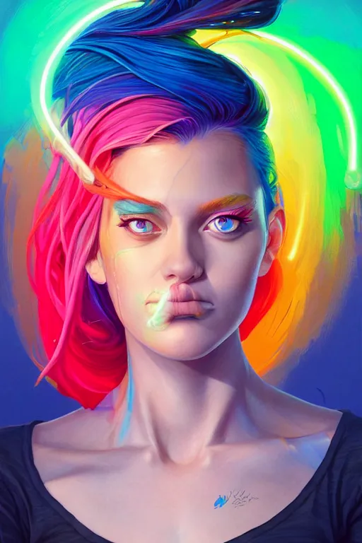 Image similar to a award winning half body portrait of a beautiful woman with stunning eyes in a croptop and cargo pants with rainbow colored hair, outlined by whirling illuminated neon lines and fine lines swirling in circles by jesper ejsing, rhads, makoto, shinkai, lois van baarle, digital art, trending on artstation