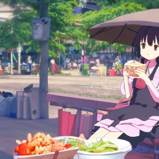 Prompt: vtuber anime girl, eating at a market, fantasy, studio ghibli, screenshot from the anime film by makoto shinkai, 8k