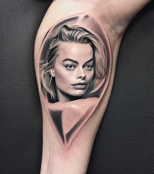 Image similar to mash up tattoo sketch of margot robbie with beautiful mountain scenery, in the style of arlo dicristina, surrealist, amazing detail, sharp