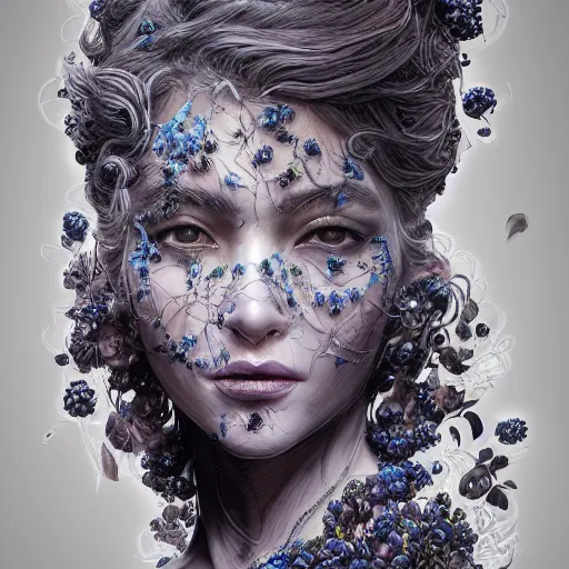 Image similar to the face of an absurdly beautiful, graceful, elegant, sophisticated woman made of blueberries and blackberries, an ultrafine hyperdetailed illustration by kim jung gi, irakli nadar, intricate linework, bright colors, octopath traveler, final fantasy, unreal engine 5 highly rendered, global illumination, radiant light, detailed and intricate environment