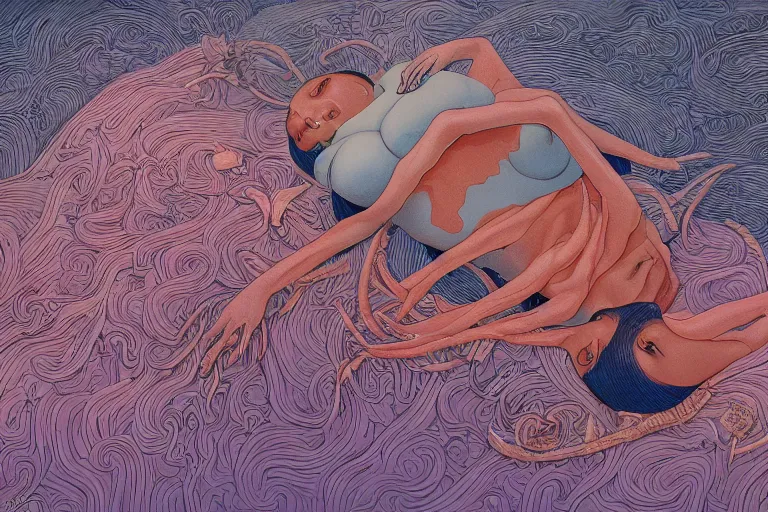 Image similar to top view, full body, lying beautiful mulatto girl inside the venus flytrap, silk fabric, gorgeous, intricate, in the style of Jin Kagetsu, James Jean and wlop, Zdzisław Beksiński style, hyperdetailed, sharp focus, intricate concept art, digital painting, ambient lighting, 4k, artstation trending on Gsociety, trending on ArtstationHQ, trending on deviantart, professionally post-processed, wide-angle action dynamic portraithyperdetailed, hyper quality, 16K