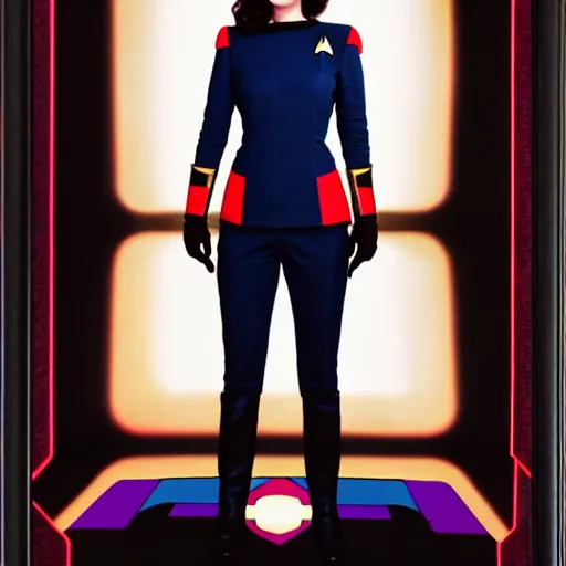 Image similar to a full body photograph of 3 0 year old eva green as a star fleet officer from star trek next generation, ultra rendered, extreme realism and detail, 8 k, highly detailed, realistic, completely framed, hyper realistic, colorful, direct lighting, 3 5 mm photo, photorealistic, sharp focus