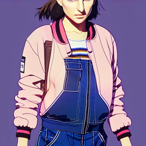 Prompt: a beautiful! boyish! natalie portman alluring gravure! model, wearing oversized mayan bomber jacket and leotard with overalls, bulky poofy bomber jacket with mayan patterns, aztec street fashion, trending on pixiv, painted by greg rutkowski makoto shinkai takashi takeuchi studio ghibli, akihiko yoshida