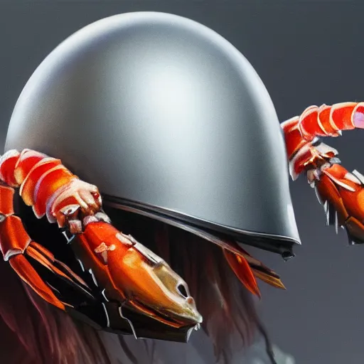 Image similar to ultra realist and ultra intricate detailed soft painting of a shrimp, from the waist up, sci-fi helmet, (symmetry features), sensual gloomy style, volumetric clouds, aquarium background, artstation, unreal render, depth of field