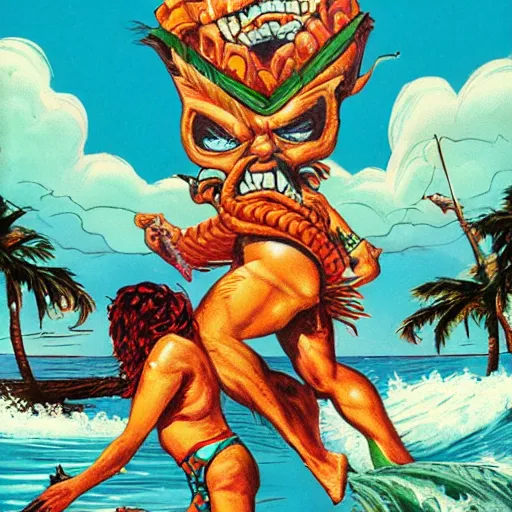 Image similar to A rampaging giant tropical tiki, stomping on cars and holding a screaming woman in his hand lurid surf art style, high detail,