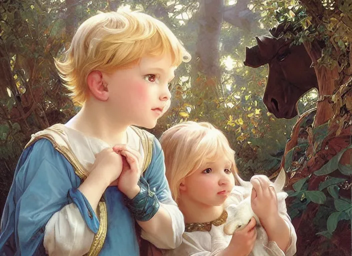 Prompt: a cute little boy with a round cherubic face, short blonde hair and blue eyes meeting an elegant unicorn, beautiful fantasy painting by artgerm and greg rutkowski and alphonse mucha