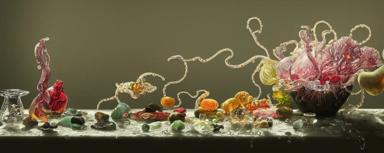 Image similar to ultradetailed photorealistic still life with jelly flowers by ernst haeckel, caravaggio, roger dean and andrei tarkovsky, slime and tentacles, wide angle, minimalistic cinematic composition, octane render, bokeh, unreal engine, 4k 3d render